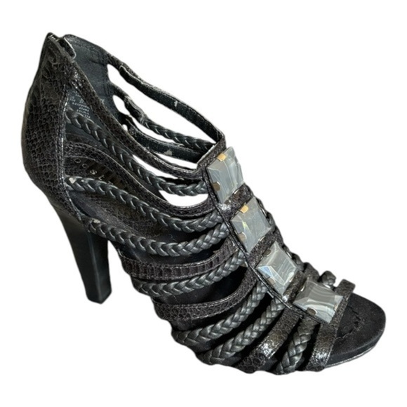 Apostrophe Black Woven Leather Strappy Heels Size 8.5 M Gray Marbleized Beads - Picture 1 of 13
